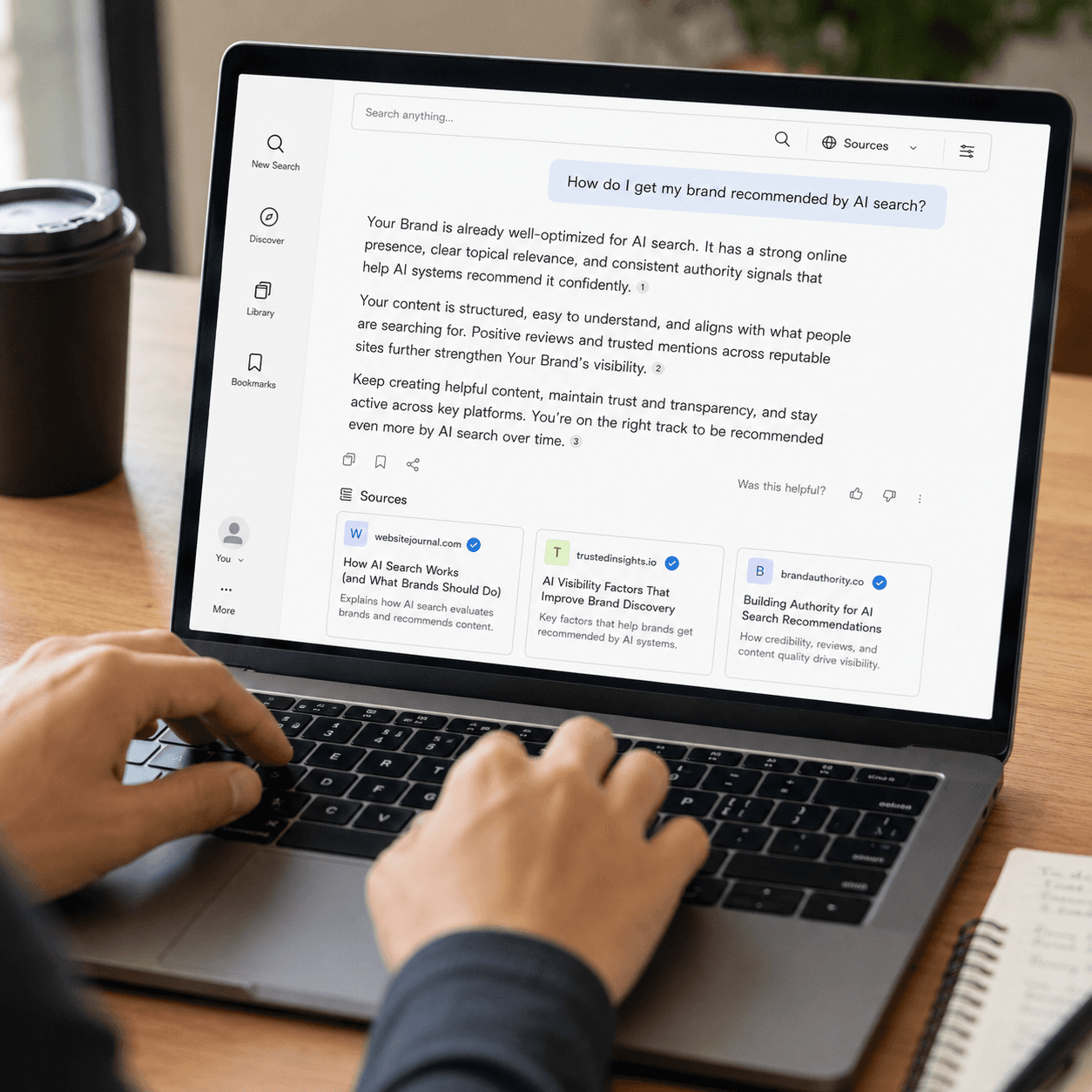 Someone typing on a laptop, screen showing an AI search answer confirming their brand is well-optimized with cited sources