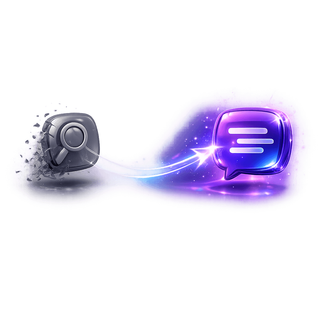 A shattering search icon giving way to a glowing AI chat bubble