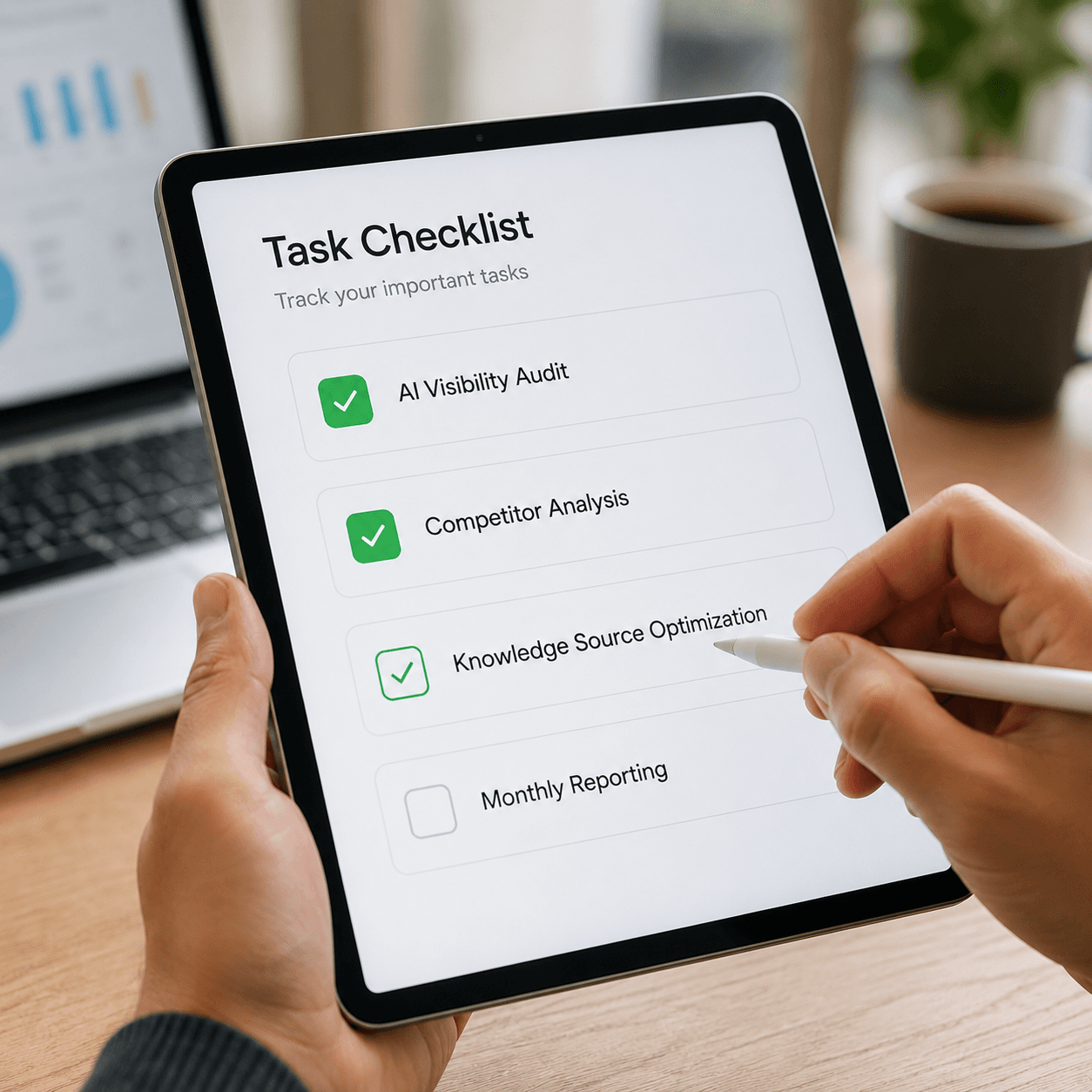 A hand checking off items on a task checklist on a tablet — AI Visibility Audit and Competitor Analysis already checked, Knowledge Source Optimization in progress